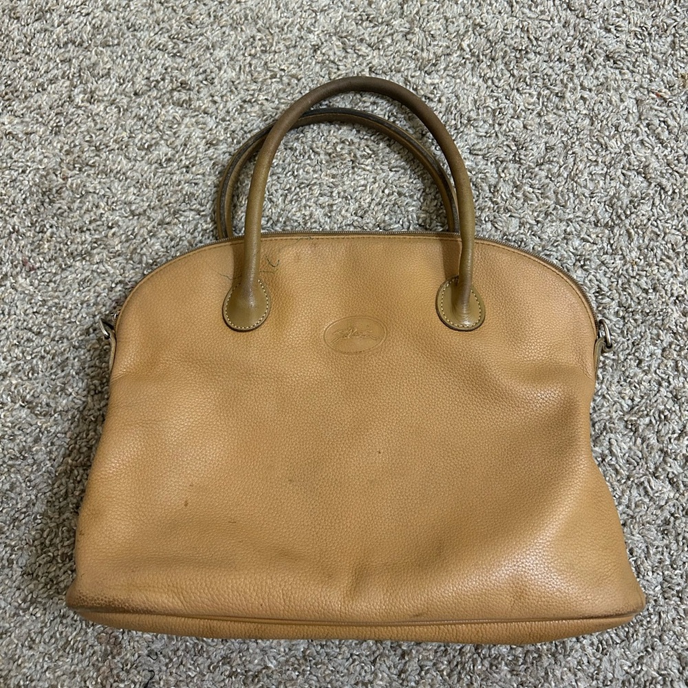 Longchamp Vintage Leather Dome Top Handles Handbag Tan Preppy Zip Travel Luxury